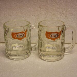 Vintage Two Small 8 Ounce Heavy Clear Glass A&W Root beer Mugs